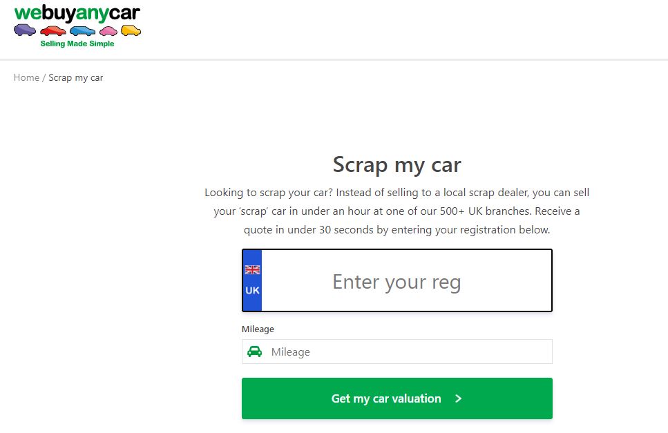 Screengrab of the 'scrap my car' page on Webuyanycar site (Image: Webuyanycar)